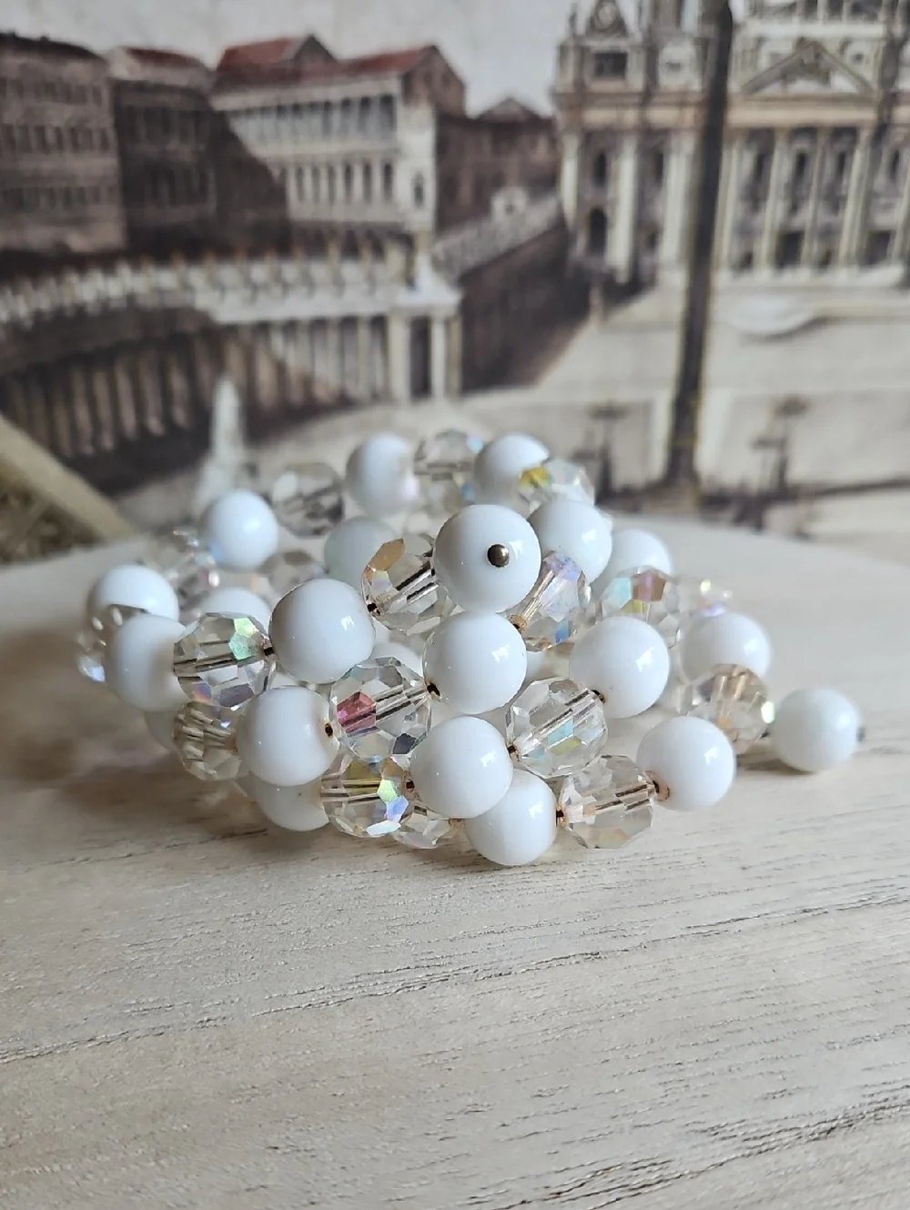 Vintage White and Aurora Borealis Crystal Beaded Memory Wire Bracelet - Picture 5 of 6